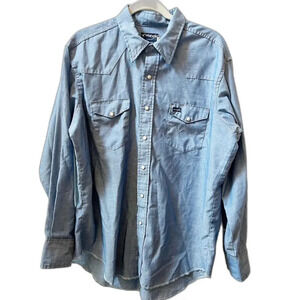 VTG Wrangler Mens 17.5 Western Blue Brushpopper Shirt Long Tails Pearl Snap USA